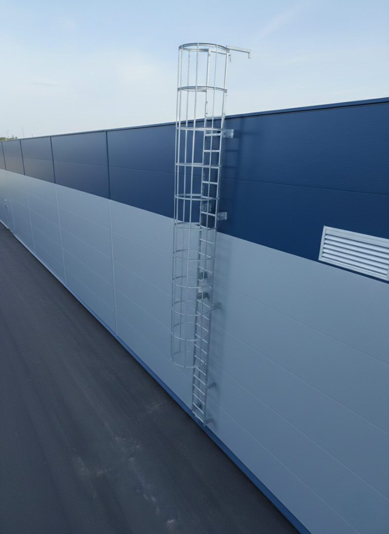 Drabina ewakuacyjna z koszem ochronnym DIN 14094