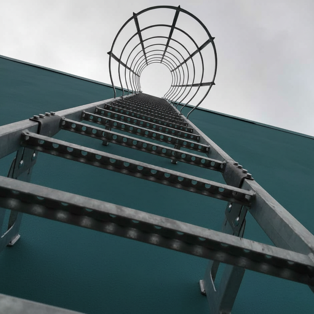 Drabina ewakuacyjna z koszem ochronnym DIN 14094e